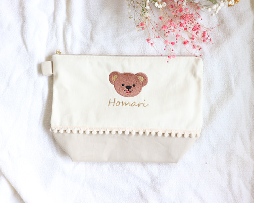 名入れ くまさんFace 刺繍ポーチ M ♡25cmファスナー おむつ
