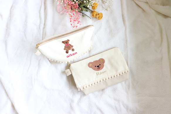 名入れ くまさん Face 刺繍ポーチ Ｓ♡20cmファスナーポーチ♡ 2枚目の画像