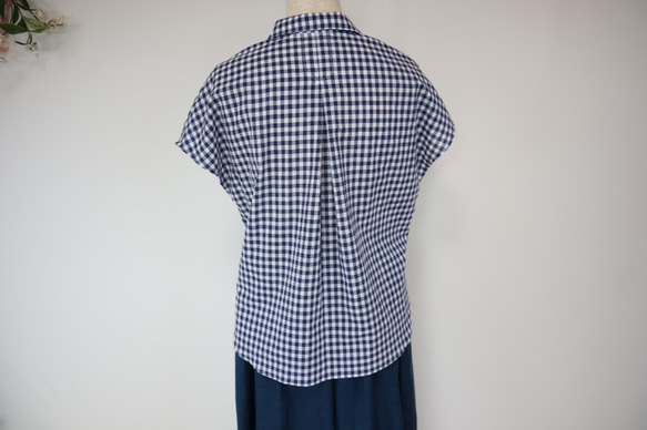 ギンガムチェック裾結びトップス　コットンリネン　ブルー 5枚目の画像