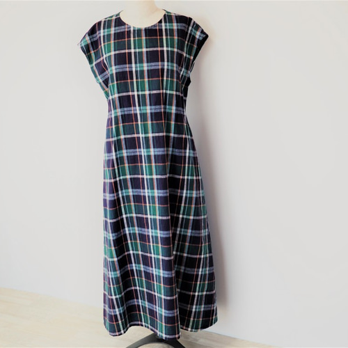 マドラスチェックのマキシワンピース フレンチスリーブ コットン