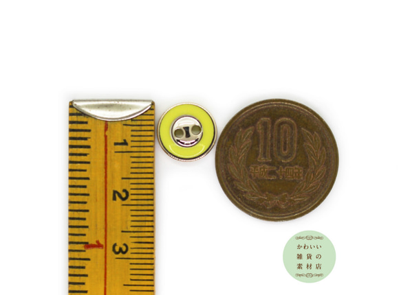 12mm ライトイエローグリーンとライトゴールドの縁どりの丸い小さい2穴ボタン（ラウンド）6個セット #BU-0008 4枚目の画像