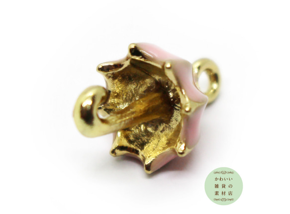 スモーキーピンクのパラソルの立体エナメルチャーム（傘/かさ/アンブレラ/ゴールド）2個セット #CE-0054 3枚目の画像