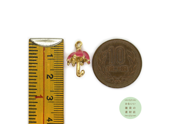 フーシャピンクのパラソルの立体エナメルチャーム（傘/かさ/アンブレラ/ゴールド）2個セット #CE-0134 4枚目の画像