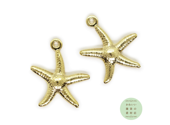 304ステンレス製のヒトデのチャーム（ゴールド）2個セット #C-0116 1枚目の画像