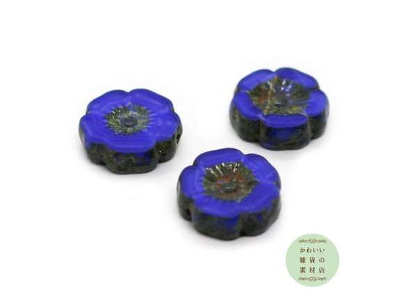 12mm チェコビーズ テーブルカット ハイビスカス マーブル模様のコバルトブルー（花）3個セット #BCZ-0024 1枚目の画像