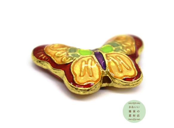 レンガ色・ゴールドイエロー・ライトグリーンが美しい蝶の大きめエナメルビーズ（ゴールド／チャーム） #BE-0008 3枚目の画像