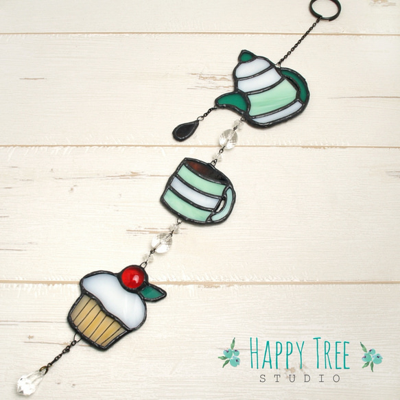 ステンドグラス コーヒー 紅茶 ポット ケーキの3連サンキャッチャー