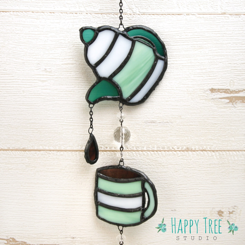 ステンドグラス コーヒー 紅茶 ポット ケーキの3連サンキャッチャー