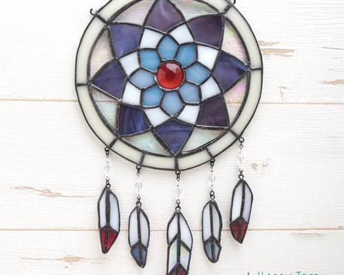 送料無料 ステンドグラス ドリームキャッチャー パープル お守りに