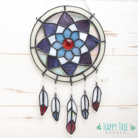 送料無料 ステンドグラス ドリームキャッチャー パープル お守りに