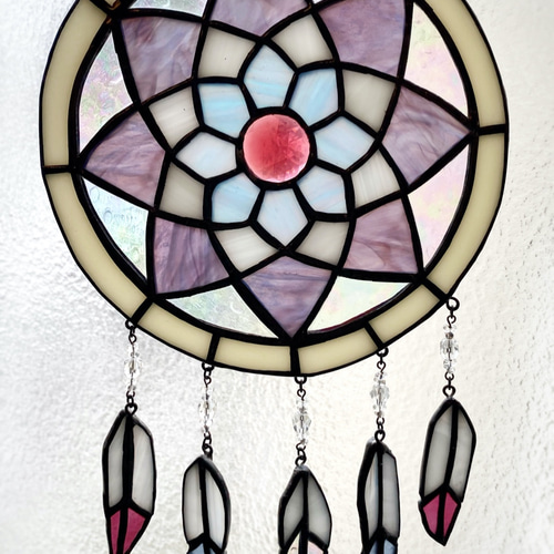 送料無料 ステンドグラス ドリームキャッチャー パープル お守りに