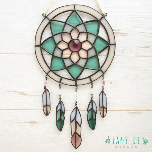 送料無料 ステンドグラス ドリームキャッチャー パープル お守りに