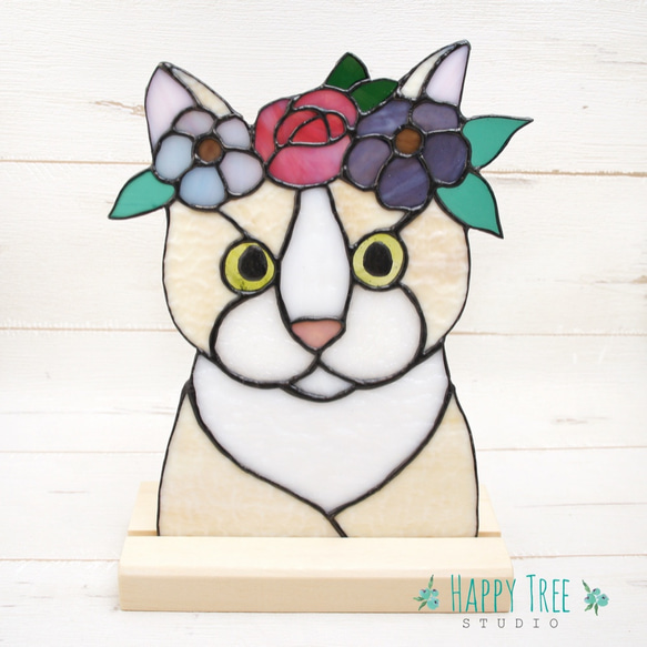送料無料 ステンドグラス 花冠アニマルシリーズ ネコ 壁掛け 置物