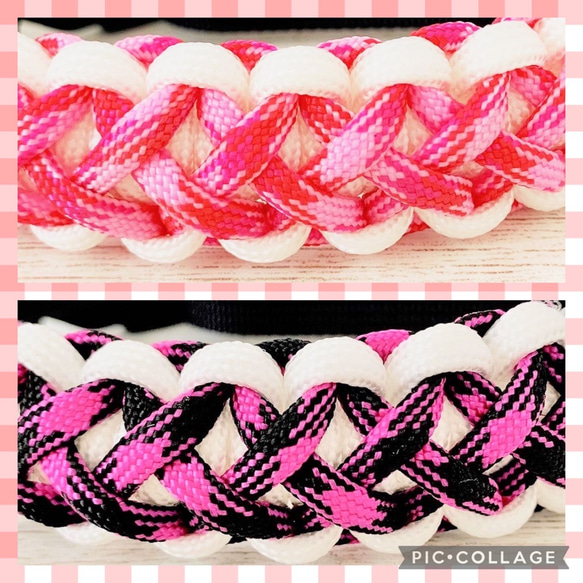 パラコード　白　ピンク　ストラップ　首輪　リード　ハーネス　ハンドメイド　50m パラコード ハーネス ピンクカラー 小型犬用 お揃いのリードも
