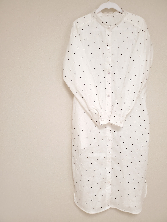 【イージーケア！リネンドットゆったりオーバーサイズロングシャツ　チュニック　ワンピース　水玉　スタンドカラー　 10枚目の画像