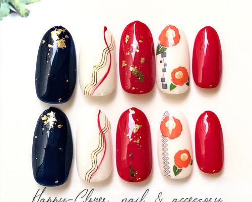☆B-119☆和柄ネイルチップ 赤い椿の成人式ネイル（再販 和柄 椿ネイル  