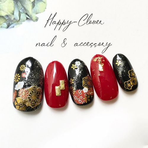 和柄ネイルチップ ブラック×レッドのお着物ネイル 成人式 前撮り 和服  