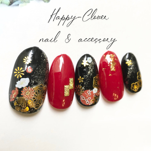 和柄ネイルチップ ブラック×レッドのお着物ネイル 成人式 前撮り 和服  