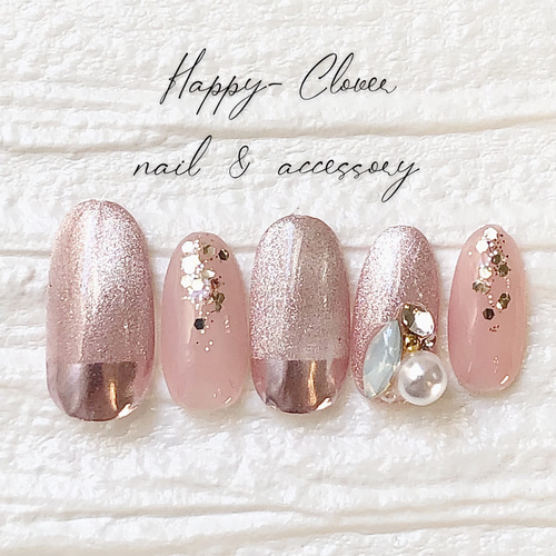 大きめビジューのピンクマグネットネイル ジェルネイルチップ ネイル  