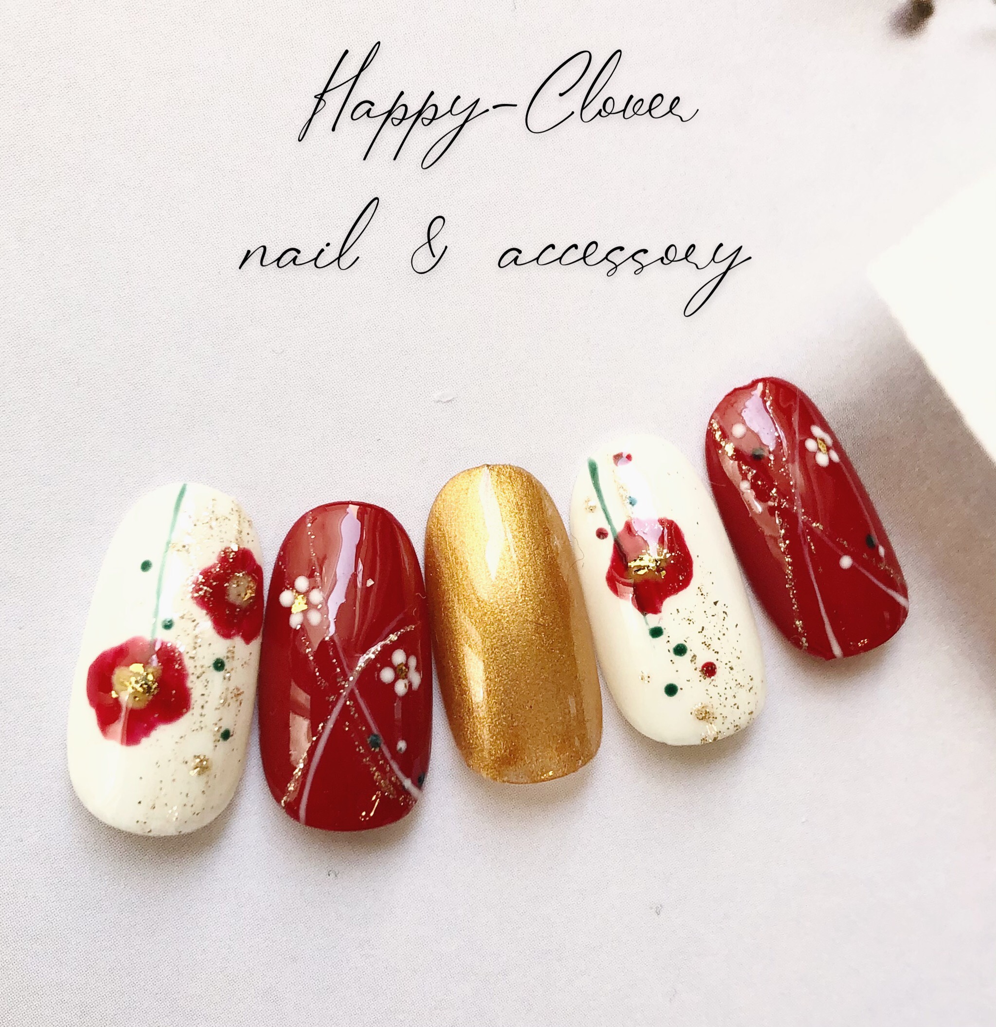 和柄ネイル 赤い椿のお着物ネイル ジェルネイルチップ 結婚式 成人式  