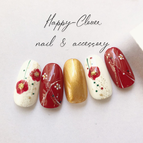 和柄ネイル 赤い椿のお着物ネイル ジェルネイルチップ 結婚式 成人式