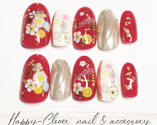 ネイルチップ ニュアンス卒業式成人式 前撮り 振袖 袴 着物 和柄 淡色 赤 現品】成人式振袖卒業式袴前撮り赤ゴールド和柄ネイルチップ 和
