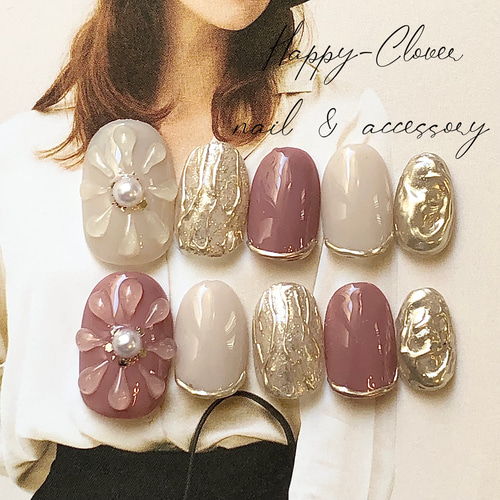 ジェルネイルチップ スキンピンクのぷっくりフラワーネイル ネイル  