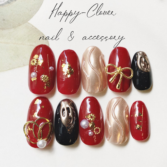 和柄ネイルチップ 赤のお着物ネイル 結婚式 成人式 卒業式 前撮り 振袖  