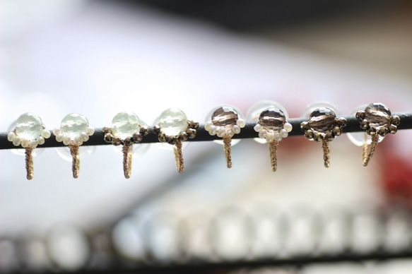 煙熏石英x淡水珍珠最小夾式耳環 第6張的照片