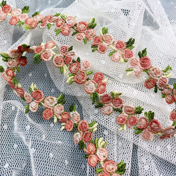 フラワー刺繍リボンテープ 花 サーモンピンク 1m単位カット T15 リボン 