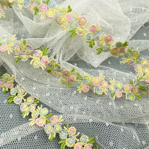フラワー刺繍リボンテープ 花 パステル 1m単位カット T16 リボン 
