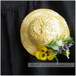 麦わら帽子と春のお花のブローチ（黄色のパンジー） 4枚目の画像