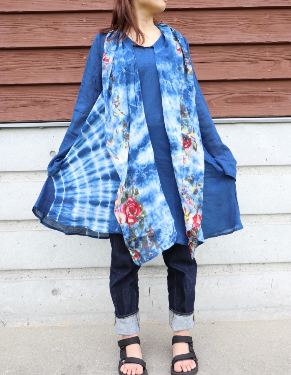 イベント期間 割引中!! 藍染 藍染服 天然藍染 手染め ストール付きワンピース 1