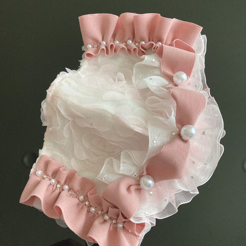 ハンドメイド❁autumn❁No．13❁pink薔薇柄レースピンクベロアフリル