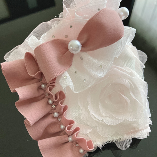 ハンドメイド❁autumn❁No．13❁pink薔薇柄レースピンクベロアフリル