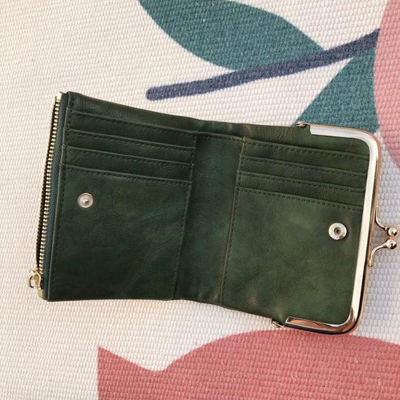 二つ折り財布 レディース 本革 ミニ財布 がま口 小銭入れ コンパクト プレゼント ギフト 母の日---グリーン 5枚目の画像
