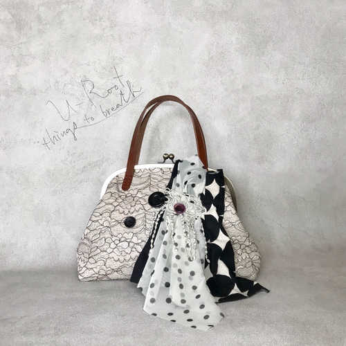 【ハンドメイド】がま口バッグ　白鳥 と薔薇　ヨーロッパ風　3way #478 ロココ調*アンティーク風・レース&バラのがま口バッグ♪ 花／薔薇