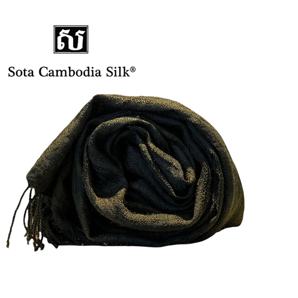 SUMUGI カンボジアシルク　シルク　スカーフ　シルクスカーフ　ブラック　黒　クリスマス 1枚目の画像