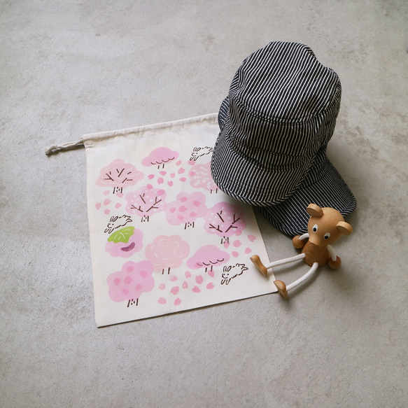 【 巾着（大）】桜並木に桜もち / ブロックプリント 4枚目の画像