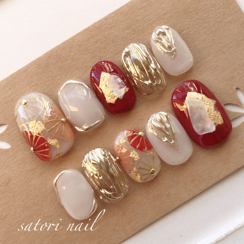 和装赤茶系ネイルチップ 成人式 卒業式 結婚式 ブライダル ネイル