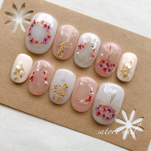 osanpoumichaページ ネイルチップ 白系ベース押し花ネイルチップ ネイルチップ（つけ爪） satori