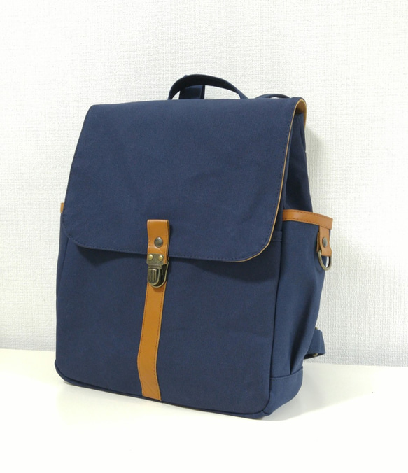 帆布簡單背包通勤上學 A4 兼容（深藍色） 第2張的照片