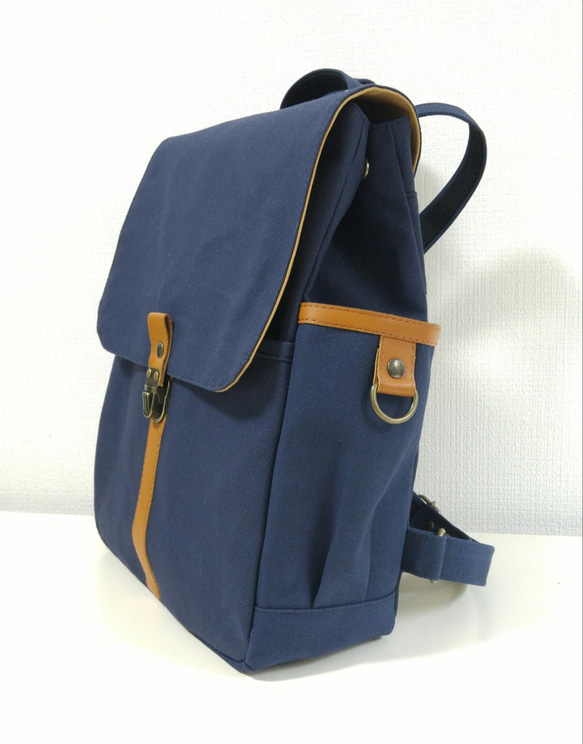 帆布簡單背包通勤上學 A4 兼容（深藍色） 第3張的照片