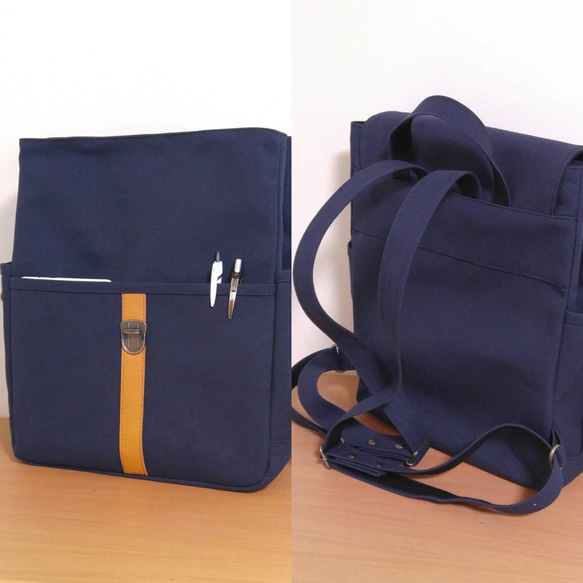 帆布簡單背包通勤上學 A4 兼容（深藍色） 第4張的照片