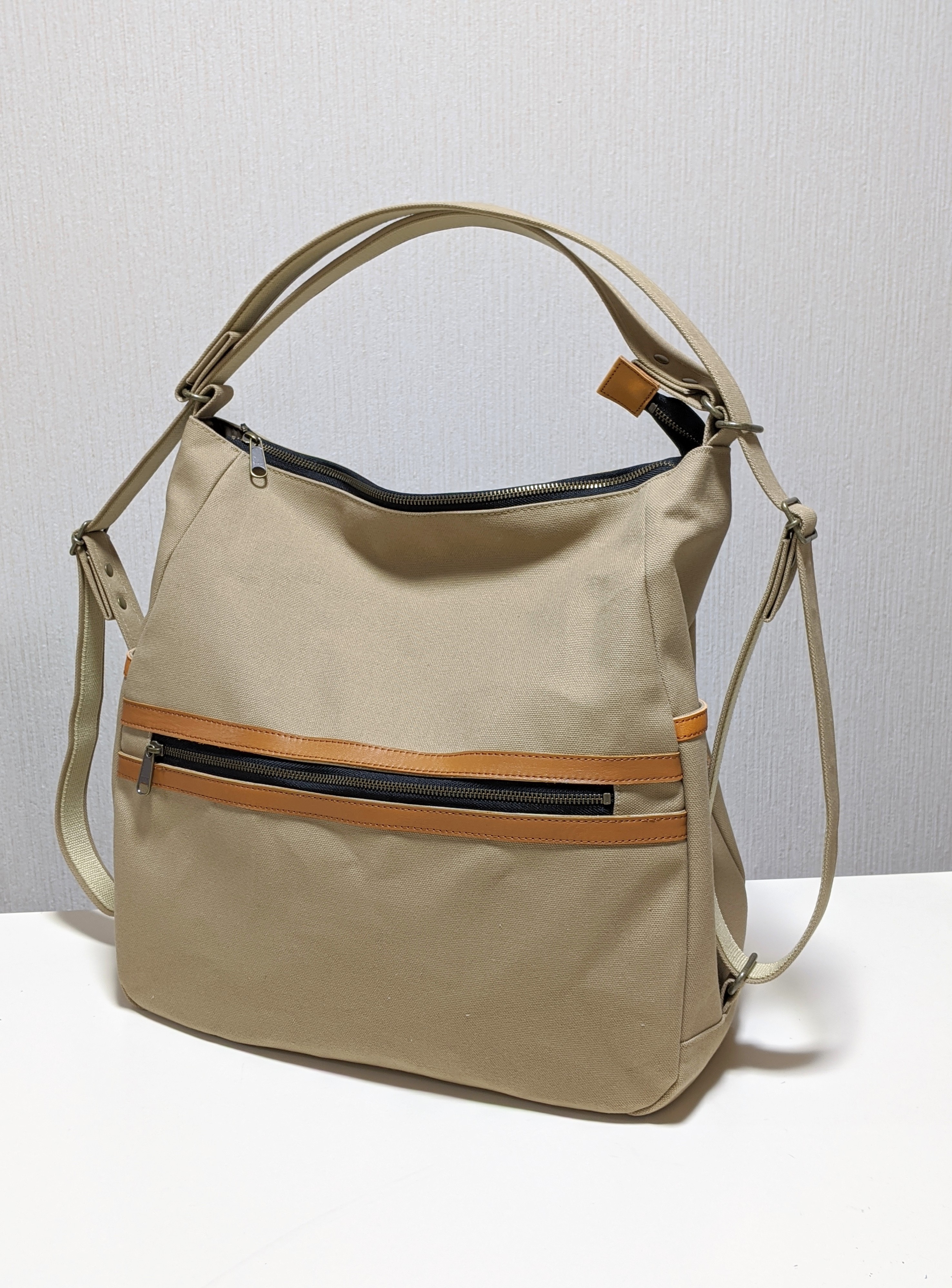 帆布×本革引っ張るだけショルダー&リュック(サンドベージュ)