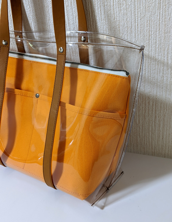 透明帆布手拿包手提包（橙色） 第2張的照片
