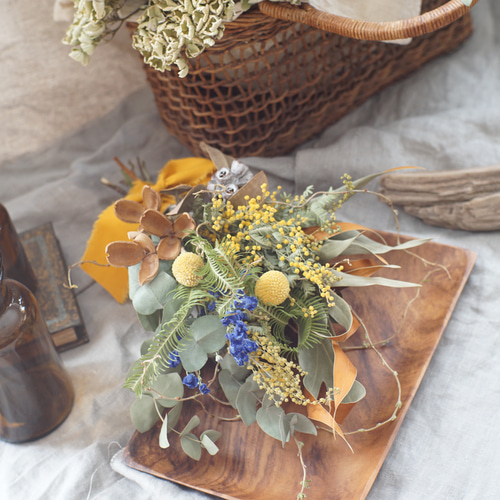 ミモザとデルフィニウムのドライフラワー＊スワッグ 】春のインテリア