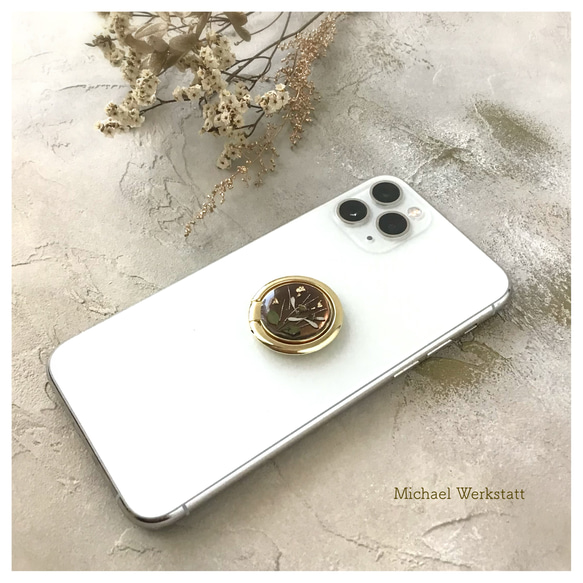 大人シックな押し花Gold brown/スマホリング 1枚目の画像