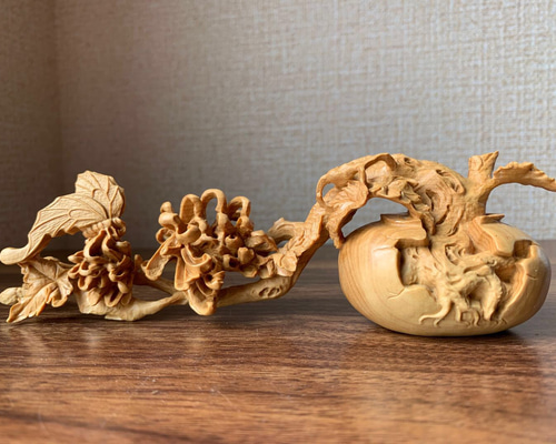 木彫刻（インテリア） 木彫 飾り 花と蝶 ツゲ その他置物 楽天ショップ【星凌商店