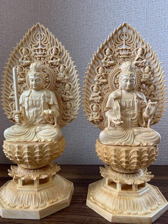 新品セール・送料無料 木彫り 仏像 文殊菩薩 普賢菩薩座像一式 財前